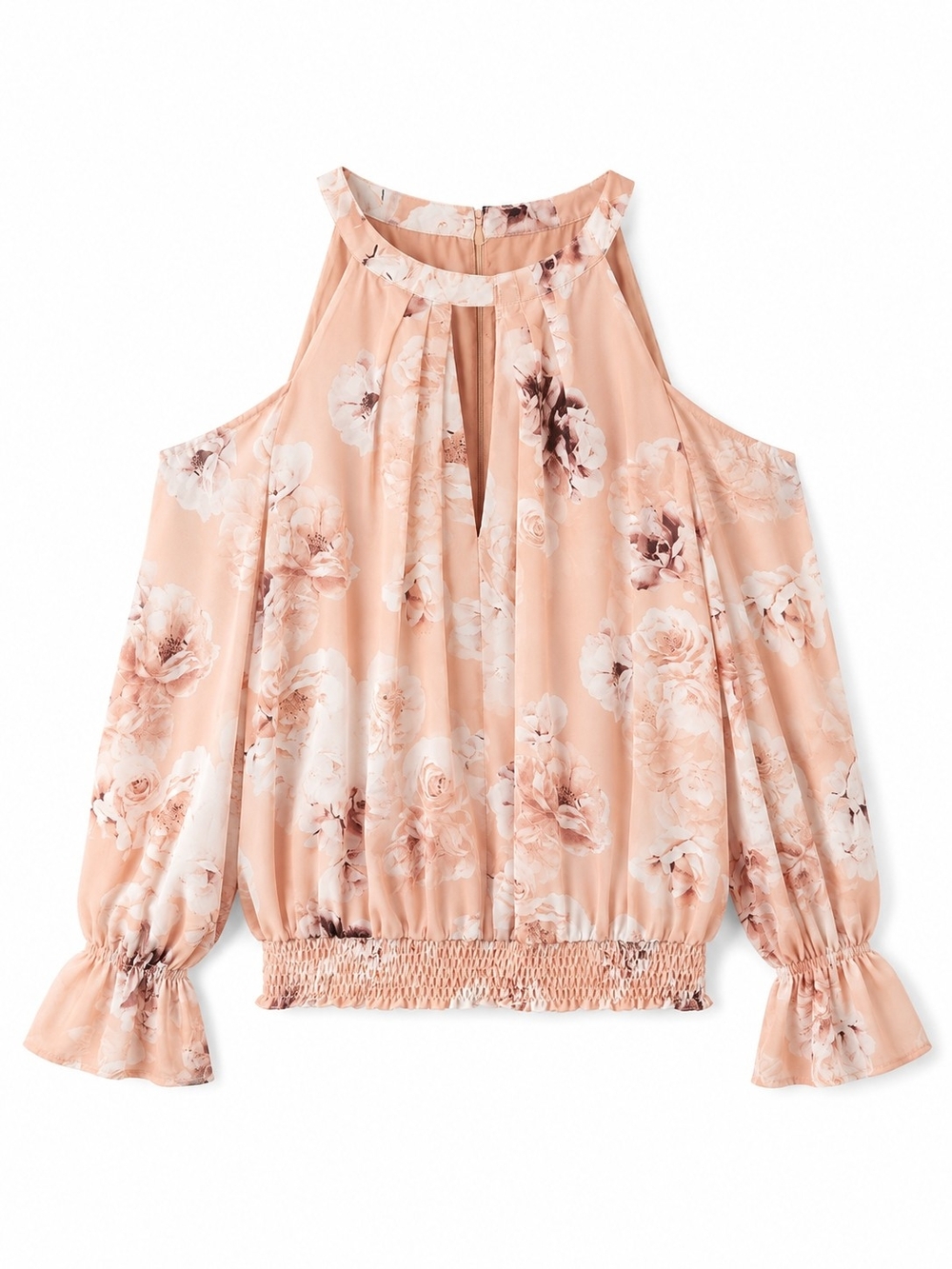 le chateau Peach Floral Cold-Shoulder Keyhole Blouse Sz 3X